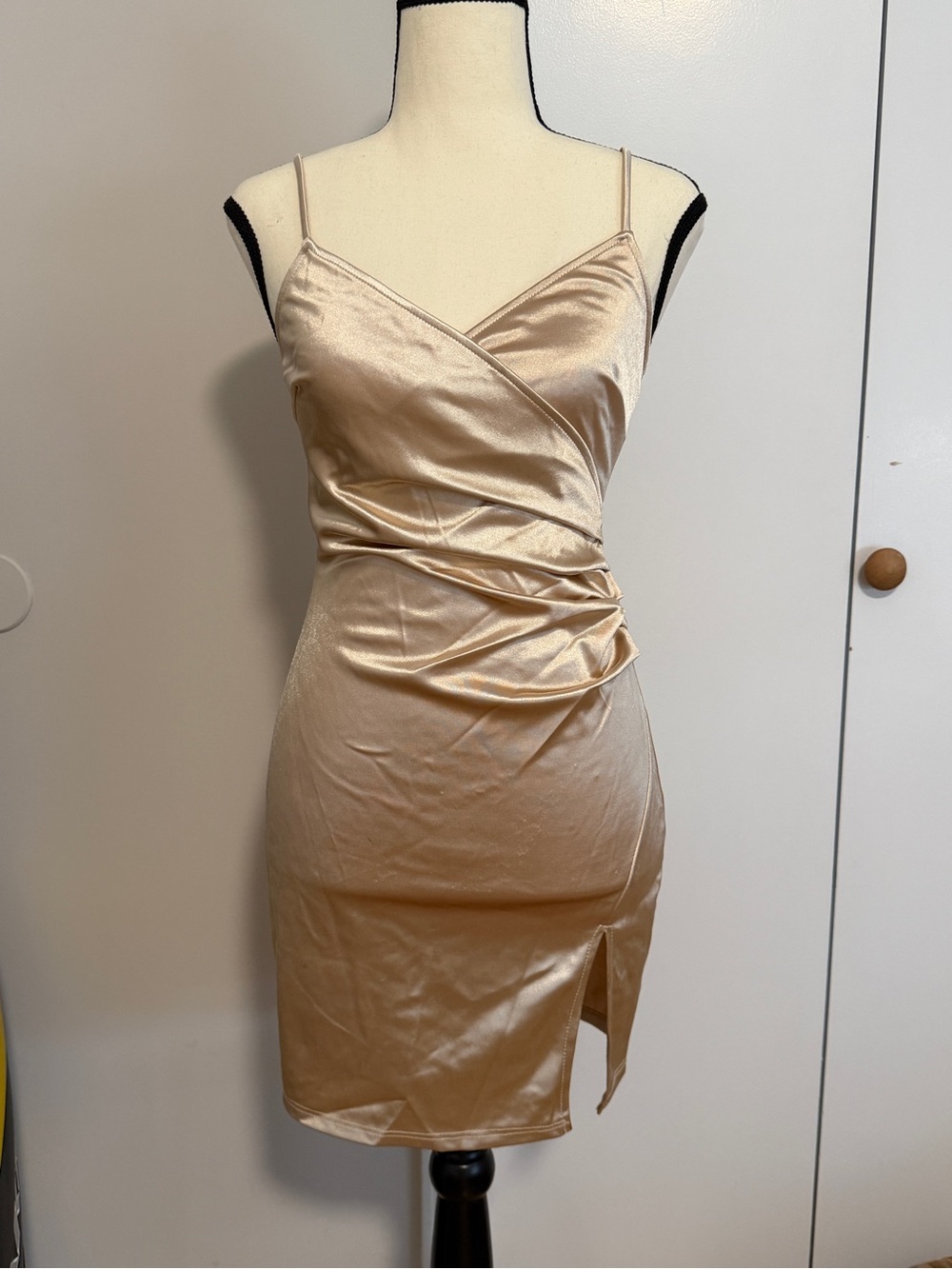 Champagne Satin Bodycon Dress with Side Ruched Detail Small